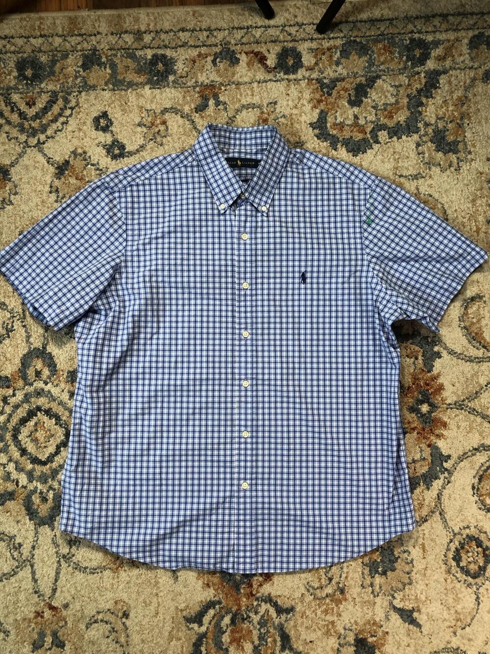 Ralph Lauren Shirt Mens XL Blue Check Short Sleeve Button Down Pony